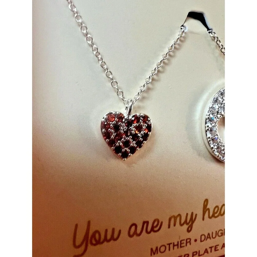 FAO Schwarz Mother Daughter Heart & Soul Necklace Set Fine Silver‎ Plate CZ New